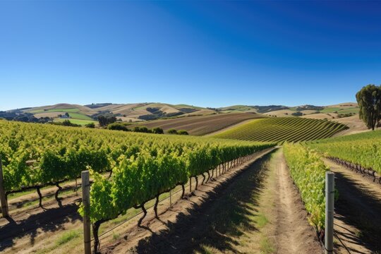 vineyard with rows of vines, surrounded by rolling hills and blue sky, created with generative ai