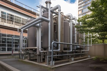 geothermal energy system, with heat exchanger and piping delivering heat to nearby building, created with generative ai