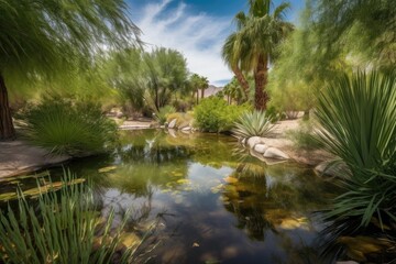 Obraz premium desert oasis with lush gardens and water features, providing a peaceful escape, created with generative ai