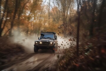 Obraz na płótnie Canvas off-road driver speeding through forest, leaves and branches flying past, created with generative ai