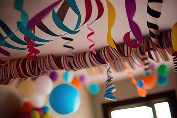 paper streamer hanging from ceiling, with other party decorations and favors in view, created with generative ai