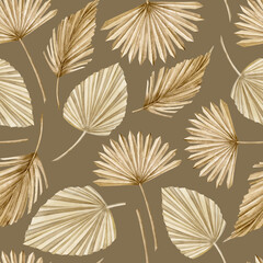 Palm leaves seamless Pattern. Hand drawn watercolor illustration with dry tropical plants on dark brown background in boho style. Floral bohemian ornament for wallpaper, textile design or paper.