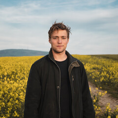 A man outdoors in a field of yellow flowers enjoying the countryside and evening sun