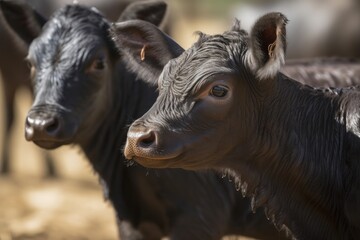 close-up of newborn calf, with its mother in the background, created with generative ai