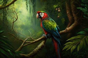 parrot sitting on tree branch, surrounded by lush jungle foliage, created with generative ai