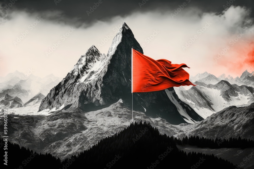 Sticker peak with red flag, surrounded by scenic landscape of mountains and forests, created with generative ai