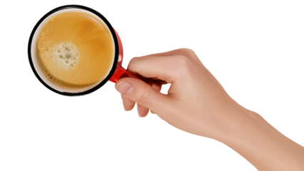 Woman hand and red coffee cup on transparent background