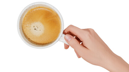 Woman hand and white coffee cup on transparent background