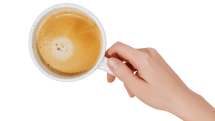 Woman hand and white coffee cup on transparent background