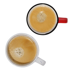 White and red coffee mugs with hot coffee, top view, flat lay