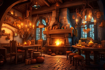 Fototapeta na wymiar Cozy fantasy medieval tavern inn interior with food and drink on tables, burning open fireplace, candles and stone ground, middle ages pub decorations, fantasy background, generative ai