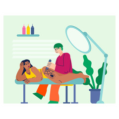 Illustration of tattoo artist holds machine and painting spider web on clients leg