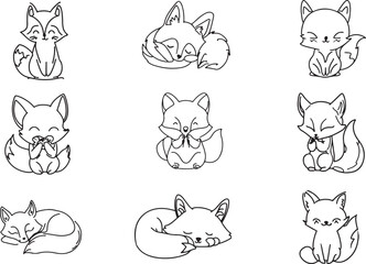 Set of cute fox line art vector 