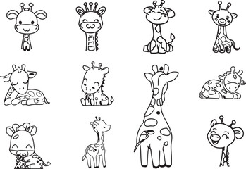 Fototapeta na wymiar set of cute giraffe animals vector line art 