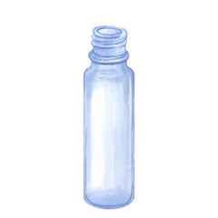 Empty transparent blue glass cosmetic bottle. Hand draw watercolor illustration isolated on white background. Beauty skincare product packaging
