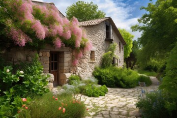 traditional stone house, surrounded by lush greenery and blooming flowers, created with generative ai