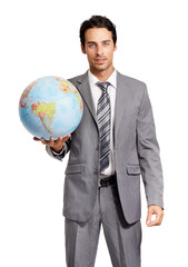 Portrait, globe and a business man holding a world map isolated on a transparent background for corporate travel. Earth, professional and international with a male employee carrying an atlas on PNG