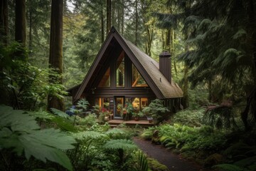 cozy cabin retreat surrounded by lush greenery and tall trees, created with generative ai