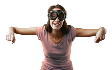 Girl pretends to fly an airplane, mimicking biplane engine sound, wearing vintage goggles,...