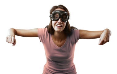 Girl pretends to fly an airplane, mimicking biplane engine sound, wearing vintage goggles, role-playing. Dreams of being a pilot, pointlessly as future planes will be automated