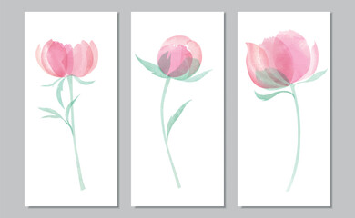 Vector watercolor triptych with pink peonies