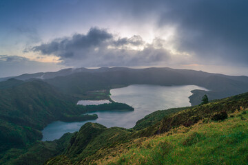 Aerial view of the volcanic lake,  Lagoa do Fogo on Sao Miguel Island at sunrise, Azores, Portugal