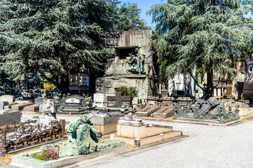 Graves in the Monumental Cemetery of Milan, Lombardy region, Italy, where many notable people are buried.