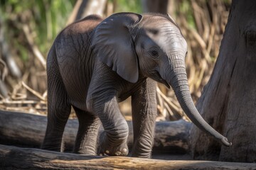 baby elephant, with its trunk and tusks in full view, exploring the world for the first time, created with generative ai