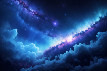 Outer Space Clouds and Stars. Artistic imaginary illustration of deep space, with shades of blue color clouds, galaxies and stars. Generative-AI.