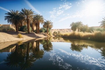 Fototapeta na wymiar oasis with reflection of the sun and blue sky in desert, created with generative ai