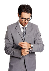 Businessman, corporate dressing man in fashion formal suit on and isolated, png or transparent background. Male accountant or auditor with glasses and person standing and fixing watch on his wrist.