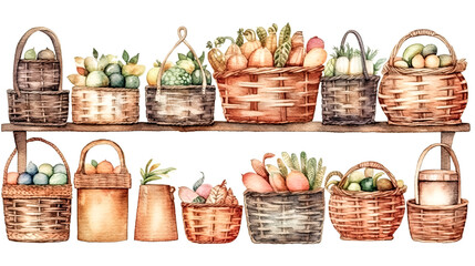 An illustration of a rustic wicker basket was watercolored - generative ai. - obrazy, fototapety, plakaty