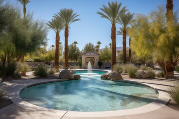 Fototapeta premium desert oasis, with water fountain and pool, surrounded by palm trees, created with generative ai