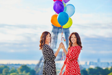 Beautiful twin sisters in Paris, France - obrazy, fototapety, plakaty