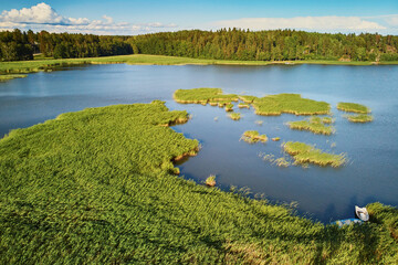 Scenic aerial view of beautiful lake with green grass