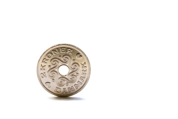 Single two Danish krones coin isolated on white background