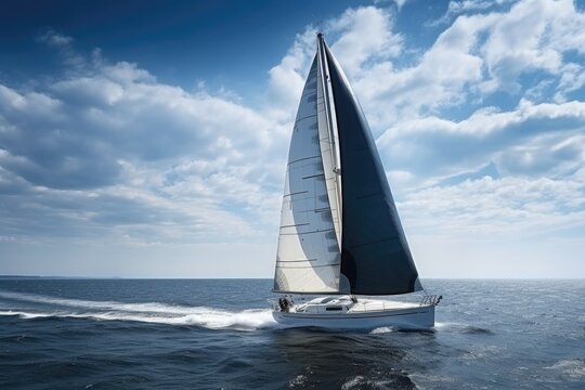 sailing boat with sails raised, racing against the wind, created with generative ai