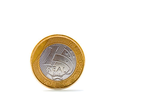 Single one Brazilian real coin isolated on white background