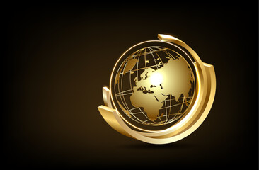 Abstract golden planet earth. World map. Space view. Low poly style design. Geometric background.