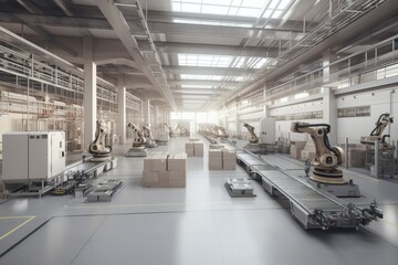 a factory floor, with robotic arms and vehicles moving goods between workstations, created with generative ai