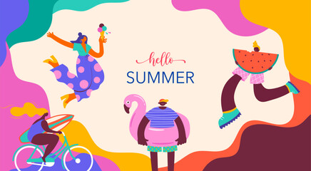 Collection of colorful, modern style characters, people at summer. Swimming, traveling, surfing, making fun on beach and pool