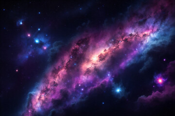 Fototapeta na wymiar Vibrant Colors Nebula Clouds and Stars. Artistic imaginary illustration of a fantasy outer space world, with vibrant neon colors galaxy, nebula clouds and new stars formation. Generative-AI.