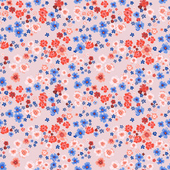 Seamless pattern. Vector flower design with cute wildflowers. Romantic abstract floral pattern on pink background. Illustrations of spring nature in bright red and blue tones.