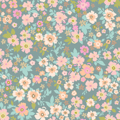 Seamless vintage pattern. Light green background. Large light pink and light red flowers. Vector texture. Fashionable print for textiles and wallpaper in pastel colors.