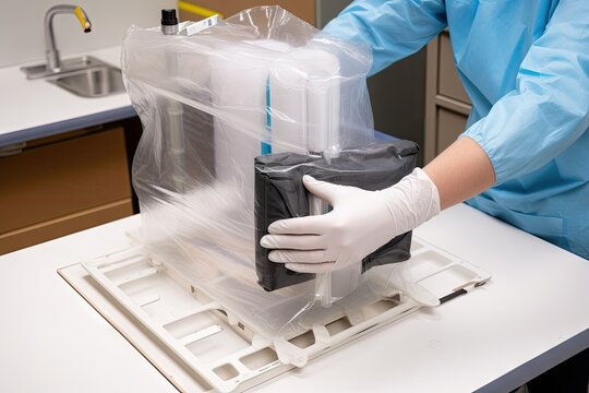 a medical device being positioned in its packaging for sterilization, created with generative ai