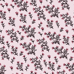 Stylish, delicate, romantic, fashionable pattern with small elements of plants on a pink background. Seamless vector. A variety of painted burgundy flowers and on black twigs.