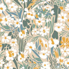 Seamless vector floral pattern of abstract white flowers with yellow pistils and green leaves on a light beige background in pastel colors.