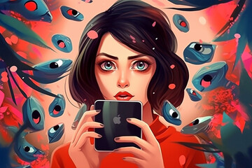 Digital painting of a young beautiful woman using a smartphone, while many eyes are loking at her. Privacy issues conceptual illustration. Generative AI - obrazy, fototapety, plakaty