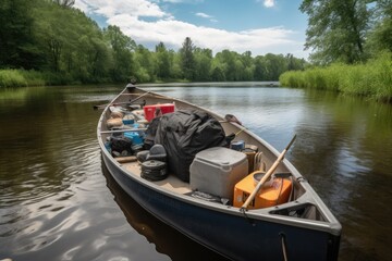 boating and camping trip, with fishing equipment and supplies in tow, created with generative ai