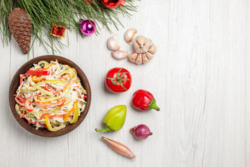 top view tasty chicken salad with mayyonaise and sliced vegetables on white desk meat fresh salad meal snack